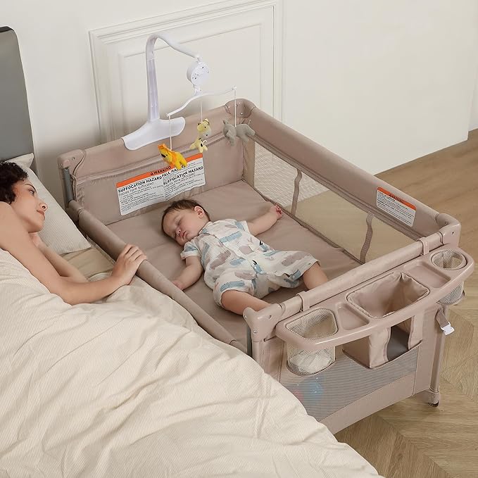 5 in 1 Pack and Play, Baby Bassinet Bedside Sleeper, Baby Playard, Bedside Crib with Changing Table, Foldable Travel Playard for Newborn to Toddles (Beige)