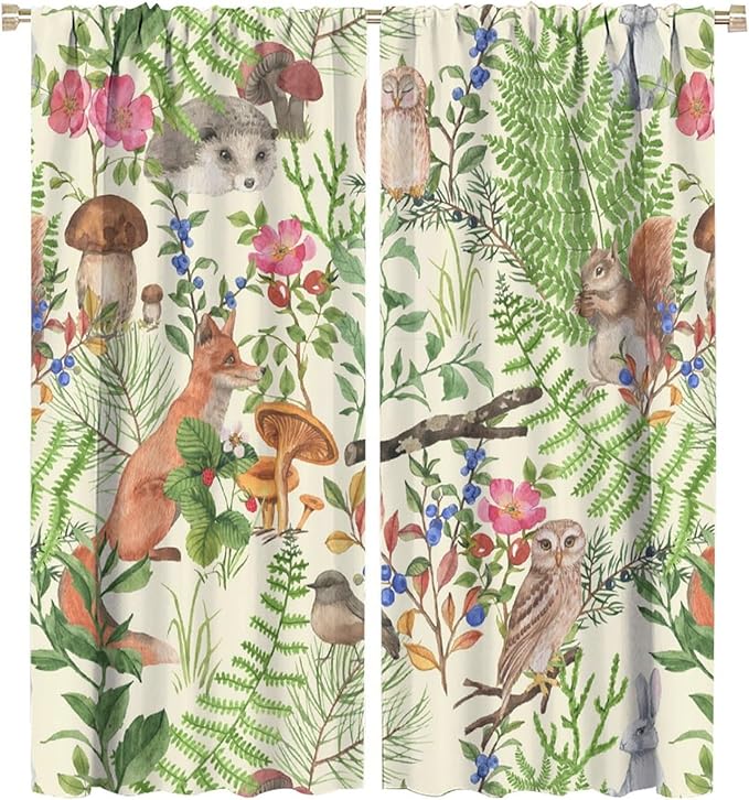 Forest Animal Curtains, Kids Rustic Wild Animal Window Treatments Watercolor Cute Woodland Fox Hedgehog Window Drapes for Nursery Toddler Bedroom 84x84in