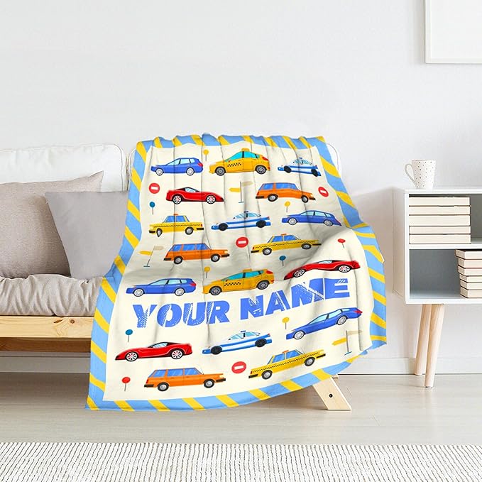 Personalized Throw Blanket Gift for Boys - 30" x 40" Inches Soft Cozy Car Blanket for Lap, Couch, Office - Blue Cartoon Throw for Girls Kids