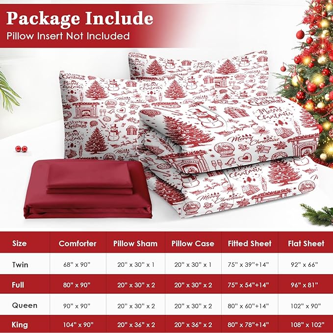 5 Pcs Twin Size Christmas Comforter Set with Pillowcase & Sham, Happy Xmas Red Pine Tree Bedding for Kids and Adults, Merry Winter Bed in a Bag with Flat Fitted Sheet