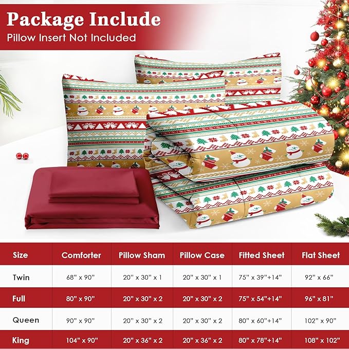 7 Pcs King Size Christmas Comforter Set with 2 Pillowcases & 2 Shams, Cute Snowman Bedding for Kids and Adults, Snowflake Xmas Socks Bed in a Bag with Flat Fitted Sheet