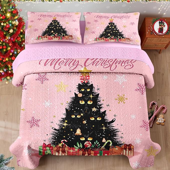 Christmas King Size Quilt Set, Black Cat Xmas Trees Lightweight Bedspread Coverlet with Pillow Shams for Kids and Adults, Pink Snowflakes 3 Pcs Bedding Bed Cover