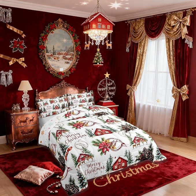 Merry Christmas Kid Comforter Set Full Size,Poinsettia Winter Xmas Pine Tree Bedding Set,Room Decor,Snowflake Rustic Farmhouse Quilt Comforter,Red Green White Duvet Set Bedroom Quilt Set,2 Pillowcases