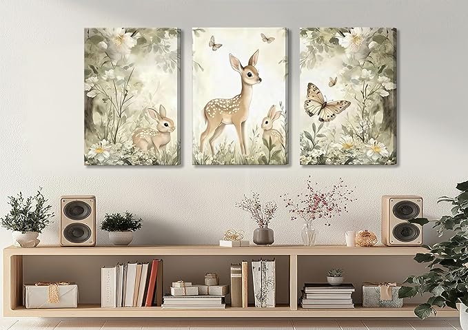 3Pcs Woodland Animal Nursery Canvas Wall Art Cute Forest Animal Wall Decor Pictures Deer and Butterfly Wildflowers Posters Prints for Nursery Bedroom Kids Room Home Decoration Prepare to Hang 16x24in