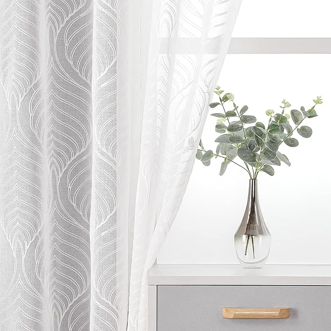 VISIONTEX White Sheer Curtains 72 Inches Long 2 Panels Set Moroccan Embroidery Texture Geometric Rod Pocket Ivory White Voile Tulle Semi Window Treatment Pair for Bedroom Living Room 54 x 72 Inches