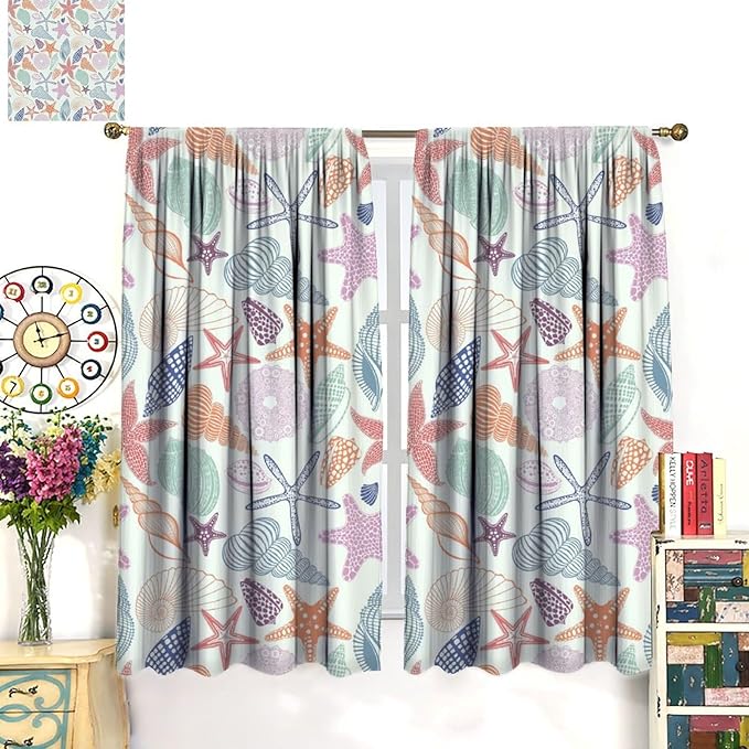 Coastal Nautical Curtains,Colorful Starfish Seashell Beach Sea Starfish Seashell Theme Pattern Blackout Print Home Bedroom Living Room Window Treatmen 2 Panel Set 63x72 Inch