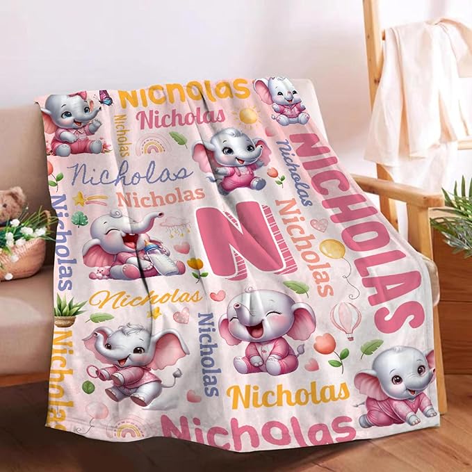 Personalized Custom Pink Elephant Preschool Blanket Gifts for Baby Toddler Kids Boys Girls - Customized Pink Elephant Super Soft Flannel Sheets Decor for Crib Nap Couch - 40"x50" for Kids/Children