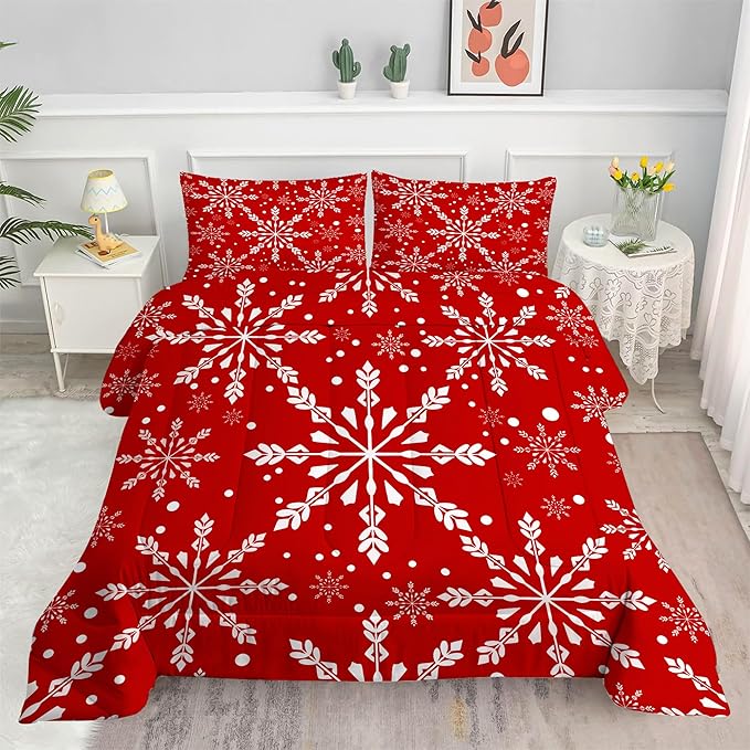 Christmas Comforter Set King: White Snowflakes Red Bedding Sets King Size for Teen Girls Women Adults Bedroom Xmas Festival Decor Winter Snowflake Quilt Bed Set 3 Piece