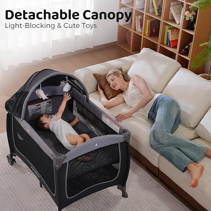 Pamo Babe Baby Playard with Canopy, Portable Crib with Changing Table