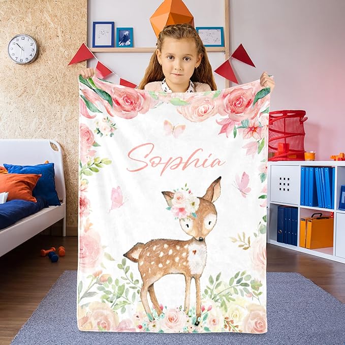 Personalized Deer Baby Blanket for Girl, Custom Name Blanket for Newborn Girl, Soft Flannel Toddler Blanket Customized Gift for Birthday Christmas Baby Shower 30" X 40"