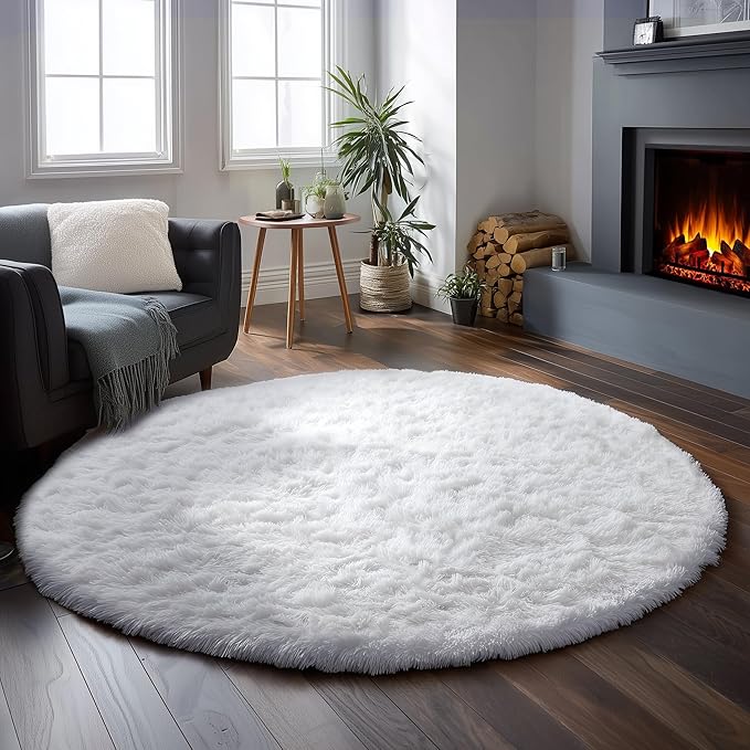 White Round Rug 6Ft for Bedroom, Washable Circle Area Rugs for Living Room, Large Soft Fluffy Shaggy Carpet for Teen Girls Boys, Kids Home Decor Aesthetic, Plush Throw Rugs for Dorm Nursery Playroom