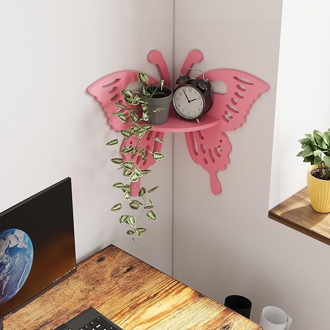 Butterfly Corner Shelf Nursery Wall Deor Floating Corner Shelf for Kid’s Room, Small Cute Decorative Shelf Wall Mounted, Pink Hanging Hollow Out Shelf for Toys, Plants and Decorations Storage, Pink