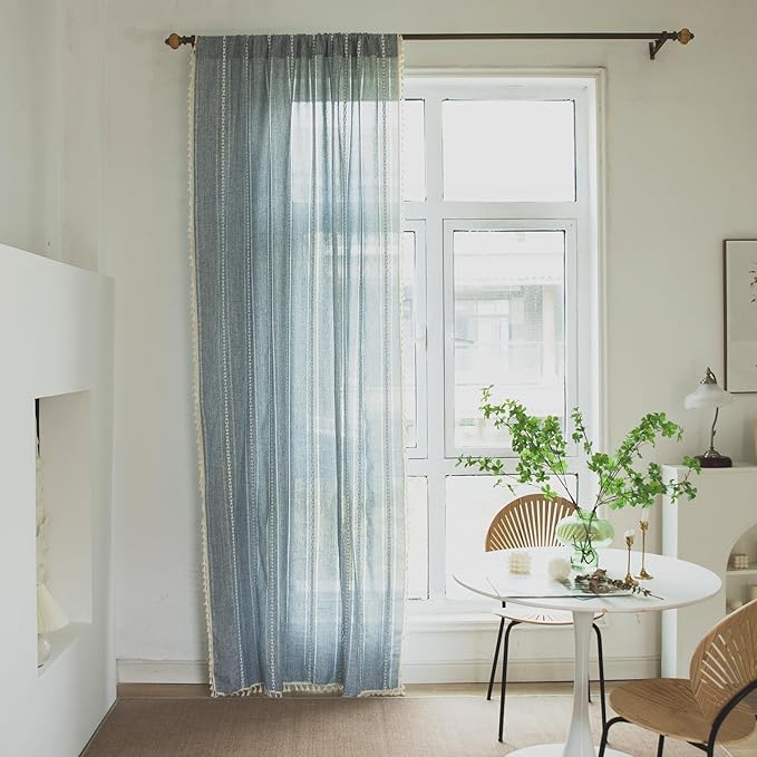 Deeprove Blue Boho Curtains 90 Inches Long Linen Textured for Living Room Light Farmhouse Bohemian Sheer Hollow Striped Chic Drape Window Treatment for Bedroom 1 Panel W52 x L90