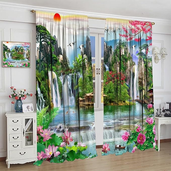 Waterfall Blackout Curtains, Forest Waterfall Rocky Lotus Fish Landscapes Print Window Drapes, for Living Room Bedroom 63" W X 63" L