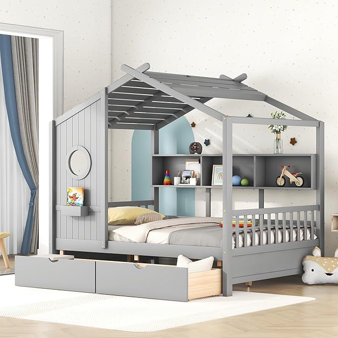 Harper & Bright Designs Full Size Modern House Bed with Roof, Wooden Twin Size House Bed with 2 Drawers and Storage Shelf, White