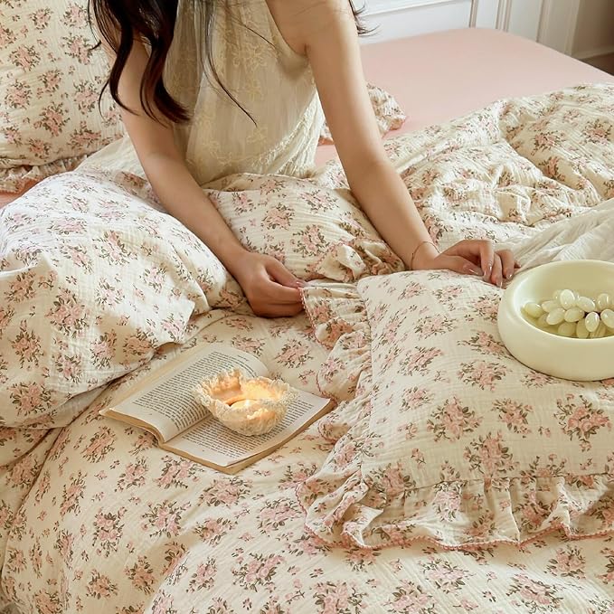 BuLuTu Cottage Pink Floral Duvet Cover King, Muslin Comforter Cover with Ruffles, Princess Bedding Quilt Cover with Zipper & Corner Ties,90"x90", No Pillow Case, Soft Breathable Lightweight
