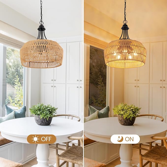 18.5'' Rattan Chandeliers for Dining Room, 5-Light Boho Pendant Light, Hand Woven Lampshade for Kitchen Island, Bedroom, Living Room, Height Adjustable