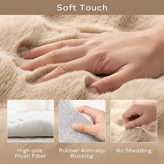 Ashler Faux Rabbit Fur Rug, Beige 6x9 FT Fluffy Soft Runner Area Rugs, Rectangle Fuzzy Carpet for Living Room, Bedroom, Machine Washable Shaggy Nursery - 3D Bubble Mat