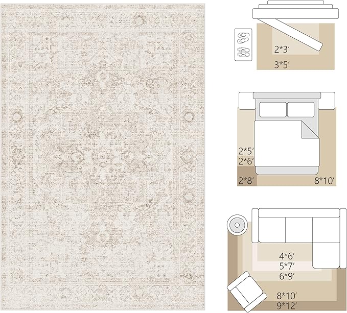 FMFUNCTEX 4x6 Washable Area Rug Neutral Vintage Beige Distressed Non Slip Low Pile Traditional Indoor Carpet for Living Room Bedroom Soft Retro Mat Throw Rug for Dining Office Kitchen Dorm Entryway