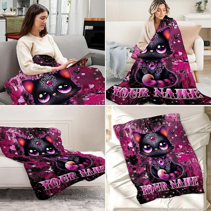 Personalized Blanket for Cat - 40" x 50" Custom Black Cat Throw Blankets Gifts for Girls, Kids - Cozy Fuzzy Throws Stuff for Chair, Crib
