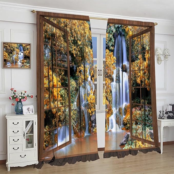 Waterfall Blackout Curtains, Waterfall Forest Landscape Wooden Window Print Pattern Window Drapes, for Bedroom Living Room 42" W X 45" L
