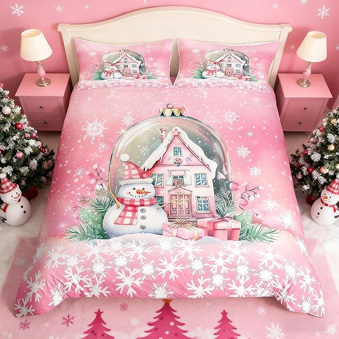 Manfei Christmas Duvet Cover Set Queen Size, Pink Castle and Snowman Print Bedding Set 3pcs for Kids Girls Teens Bedroom Decor, New Year Snowflake Print Comforter Cover with 2 Pillowcases,No Comforter
