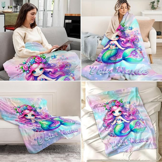 Toddler Blanket for Girls - Custom Mermaid Blanket for Girls 4-6 - Kids Mermaid Gifts for Crib, Lap