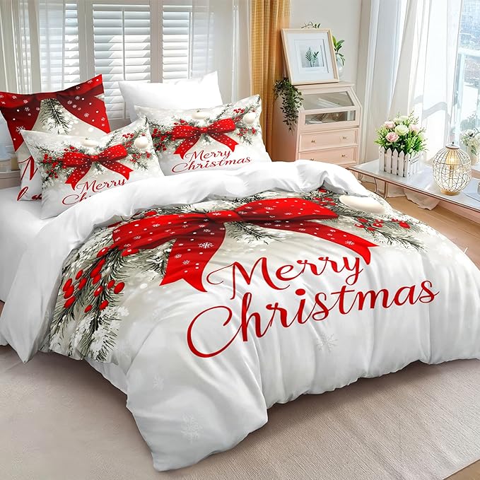 Christmas Duvet Cover Full Size Merry Christmas Bedding Set Kids Boys Girls Red Bow Pattern Comforter Cover 3 Pieces with Zipper Closure (No Comforter)