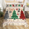 Manfei Xmas Plaid Trees Duvet Cover Set Queen Size, Western Texas Star Bedding Set 3pcs for Kids Boys Girls, Christmas Theme Comforter Cover Wooden Plank Quilt Cover with 2 Pillowcases,No Comforter