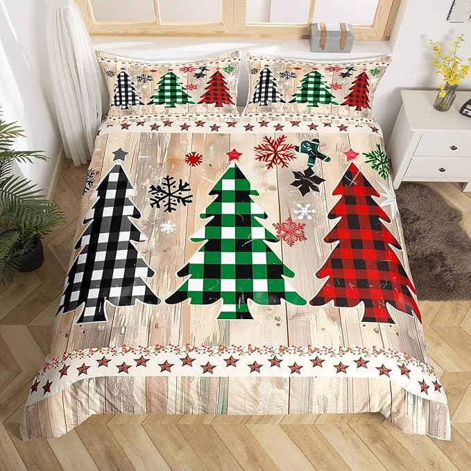 Manfei Xmas Plaid Trees Duvet Cover Set King Size, Western Texas Star Bedding Set 3pcs for Kids Boys Girls, Christmas Theme Comforter Cover Wooden Plank Quilt Cover with 2 Pillowcases,No Comforter