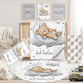 Personalized Baby Crib Bedding Set, 5 Pcs Custom Name Nursery Bedding Set for Girls Boys, Grey Moon Bear Baby Crib Set for Toddlers Infants, Double Layer Bedding Crib Sets Customized Gifts