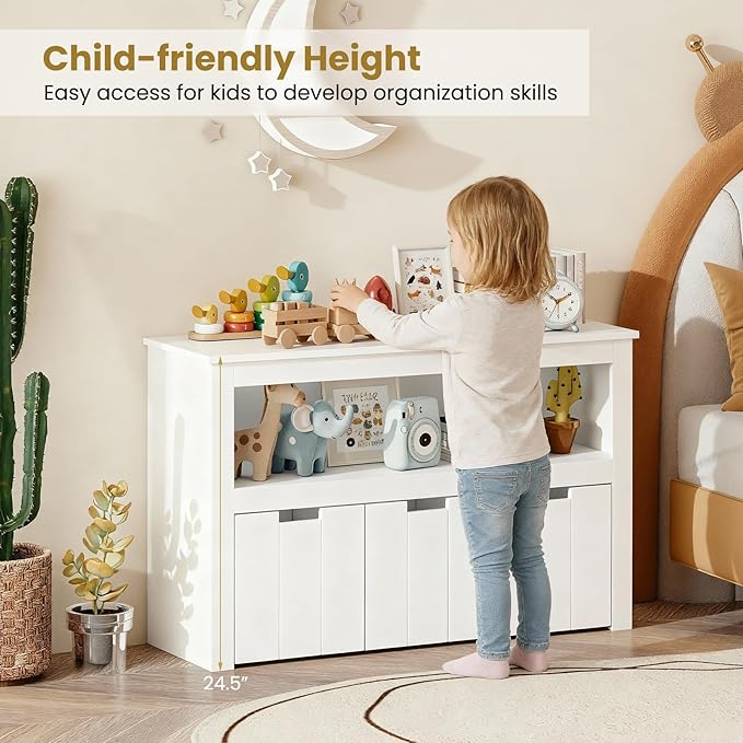 Costzon Toy Storage Organizer w/Drawers, Wooden Toy Shelf with 3 Removable Drawers, Rolling Wheels & Large Open Shelf, 2 Shelf Toy Cupborad for Kids Room, Playroom, Kindergarten, Nursery (White)