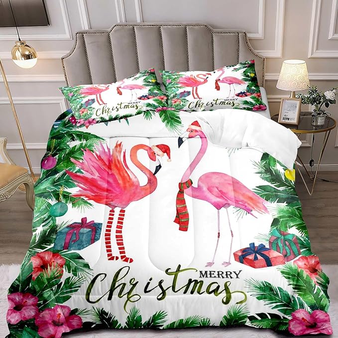 LUVIVIHOME 3PCS Merry Christmas Comforter Set King Size, Pink Flamingo Bedding, Teens Girls Boys Kids Bedding, Tropical Green Plant Botanical Hibiscus Flower White Quilt, Xmas Gifts, 2 Pillow Cases