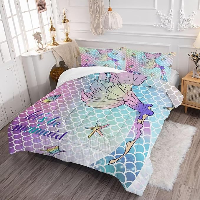 kxry Mermaid Tail Comforter Set Queen Size Gradient Fish Scales Sea Bedding Sets for Girls Teens Kids Ocean Starfish Conch Soft Microfiber Lightweight Comforter Set with 1 Comforter + 2 Pillow Cases