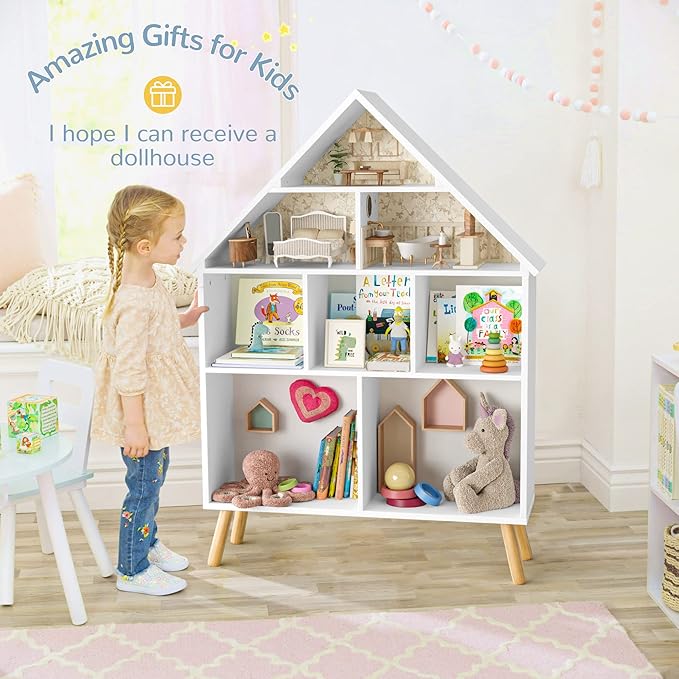Curipeer Kids Dollhouse Bookshelf and Baby Storage - Wooden Stand Dollhouse Bookcase with 4-Tier Storage Display Organizer, Children Bookshelf for Playing Room, Nursery - White
