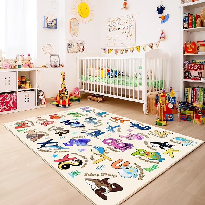 Kids Rugs for Playroom, 3x4 Feet Educational Rug for Learn The ABC Alphabet, Soft Machine Washable Non-Slip Cute Marine Organisms Carpet for Classroom Toddler Nursery Kids Room Decor, Beige