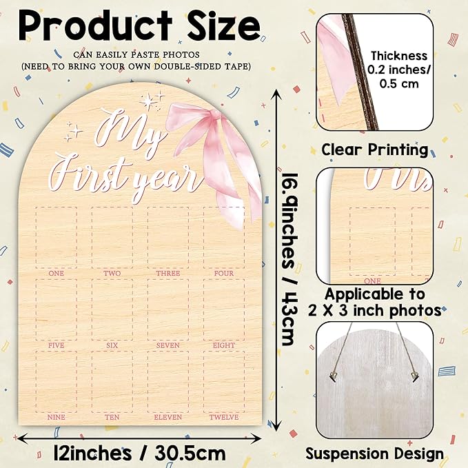 My First Year Milestone Photo Board, One Year of Wood Photo Board, 12 Monthly Baby Picture Frame, Pink Bow Nursery Decor, Girl Boy 1st Birthday Decorations, Baby Shower Keepsake Best Gift-A15
