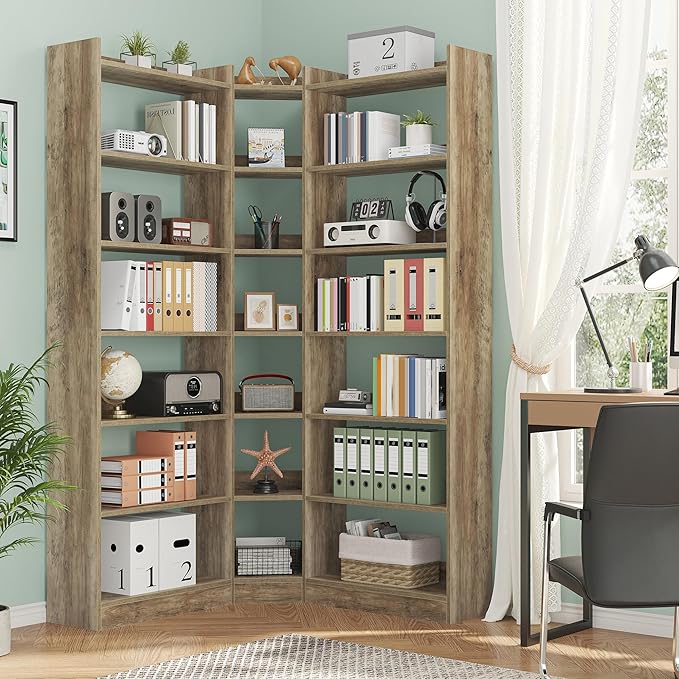70.8" Tall Corner Bookshelf and Bookcases, 7 Tiers Morden Large Etagere Bookcases Storage Display Rack with Baffle, Industrial L-Shaped Bookshelves for Bedroom, Home Office, Living Room, Brown