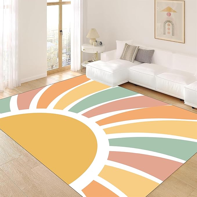 Machine Washable Rainbow Rugs Bedroom Fluffy Plush Soft Area Rugs Rainbow Sunshine Sun Print Living Room Non-Slip Indoor Flooring Kids Girls Boys Home Decor Aesthetics 5x8ft