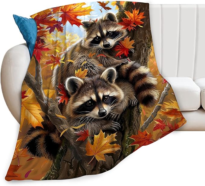 Raccoon Blanket Funny Raccoons Gifts for Girls Boys Woman Kids Raccoon Lover Maple Leaf Throw Blankets Soft Blanket Warm Fleece Flannel Plush Blankets for Bed Sofa Couch 50"x60"
