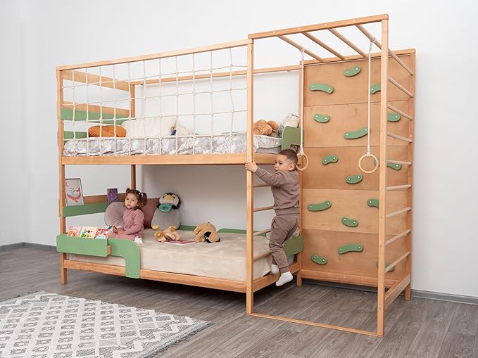 BUSY WOOD Montessori Floor Bed with Rails - Kids Twin Bunk Bed with Storage - Gym Complex for Kids - Jungle Gym Bedframe (BunkBed+Table+2 Drawers (Half-Depth))