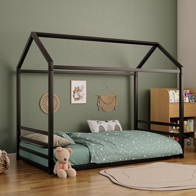 Harper & Bright Designs Full Size Montessori Floor Bed for Children, Metal House Bed Frame with Roof and Fence, Kids Floor Bed Frame for Boys Girls, Easy Assemble, No Slats,Black