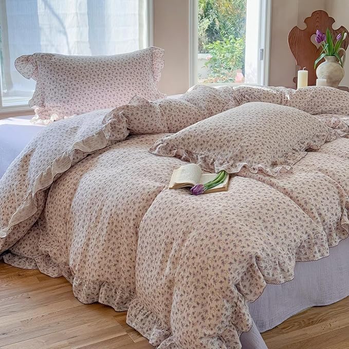 BuLuTu Purple Floral Duvet Cover King, Muslin Cotton Comforter Cover for King Size Bed, Cottage Ruffles Bedding Quilt Covers 104"x90", Zipper & 4 Ties, No Pillowcses, All Seasons