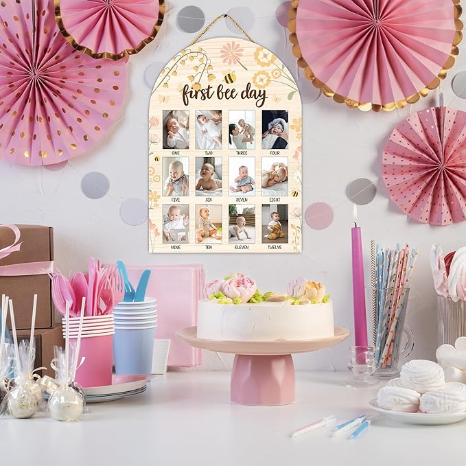 One Year of Wood Photo Board, My First Year Milestone Photo Board, 12 Monthly Baby Picture Frame, First Bee Day Nursery Decor, Girl Boy 1st Birthday Decorations, Baby Keepsake Gift-A18