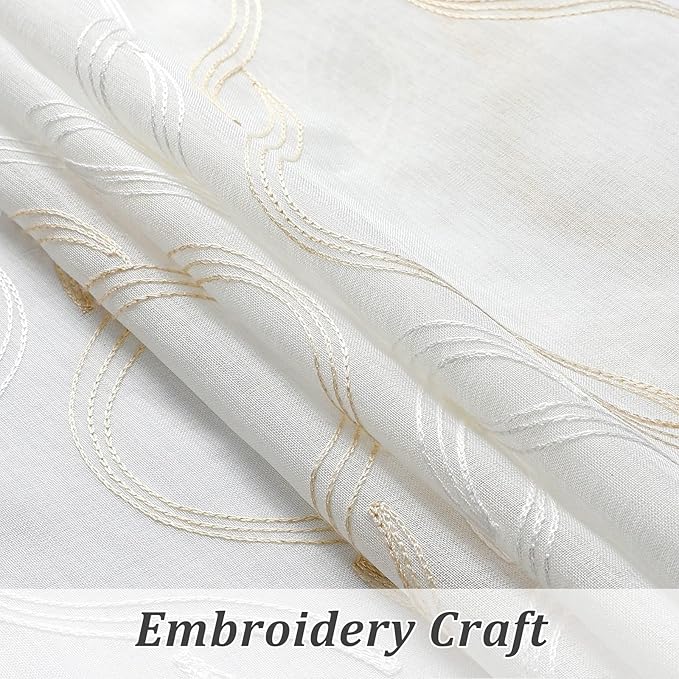 VISIONTEX Sheer Curtains 108 Inches Long 2 Panels Set, Beige and Ivory Two Tone Textured Moroccan Embroidery Geometric Rod Pocket Ivory Voile Tulle Semi Window Treatment Pair for Bedroom, W54 x L108