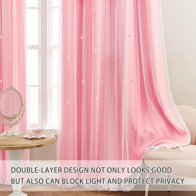 XiDi Pink Curtains with Sheer Overlay for Girls Bedroom 2 Panels Blackout Double Layer Curtains 54 Inches Length for Kids Princess Nursery Room Star Cut Out Grommet Small Window Drapes W34 X L54