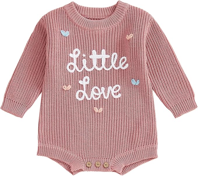 Lesimsam Newborn Baby Boy Girl Valentines Day Outfit Oversized Embroidery Long Sleeve Knit Sweater Bubble Romper Bodysuit