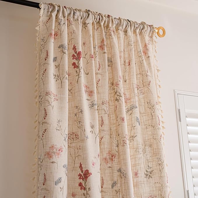 ENJOYBRIDAL Floral 63 Inch Curtains for Bedroom Living Room Drapes Boho 2 Panel Sets Light Filtering Short Window Curtain Panels Patterned Rustic Farmhouse Rod Pocket Semi Sheer Window Treatments