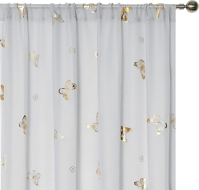 Jubilantex Grey Sheer Curtain with Gold Butterfly Pattern for Kids Room, Linen Textured Rustic Metallic Print 84 Inch Rod Pocket Window Drapes for Girls Bedroom Living Room, 2Panels