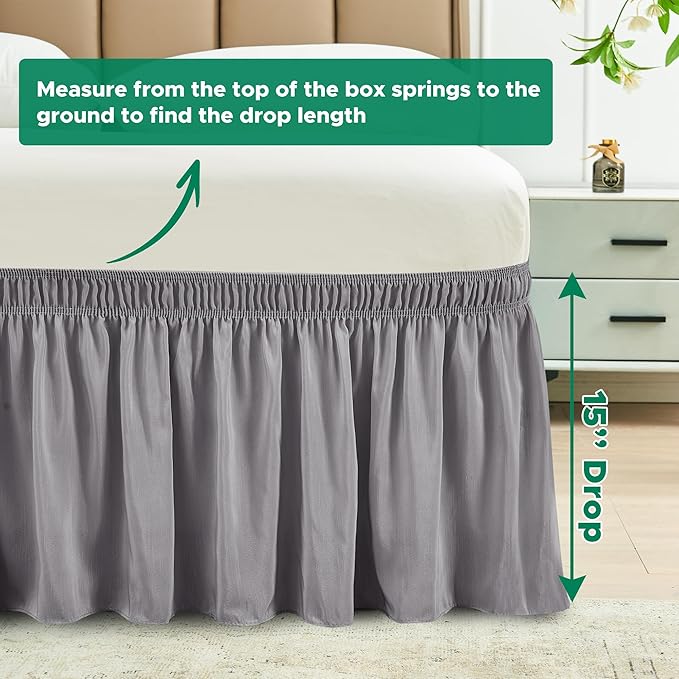 Biscaynebay Wrap Around Bed Skirts for Queen Beds 15" Drop, Silver Grey Adjustable Elastic Dust Ruffles Easy Fit Wrinkle & Fade Resistant Silky Luxurious Fabric Machine Washable